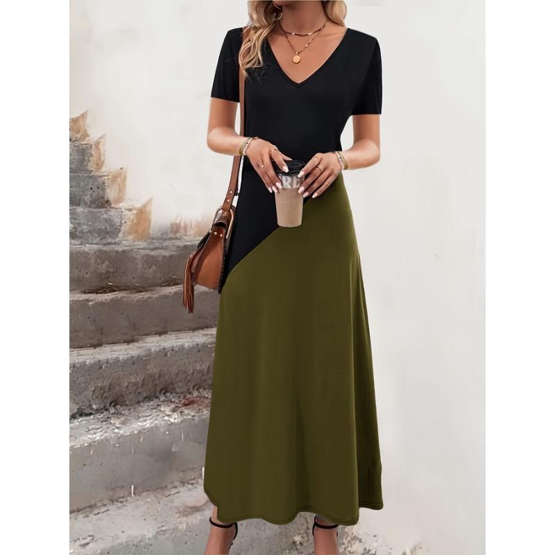 

YYFS Женская мода лето весна цвет блок принт короткий рукав V-образный вырез высокая талия повседневные платья XXL оливковое зеленый