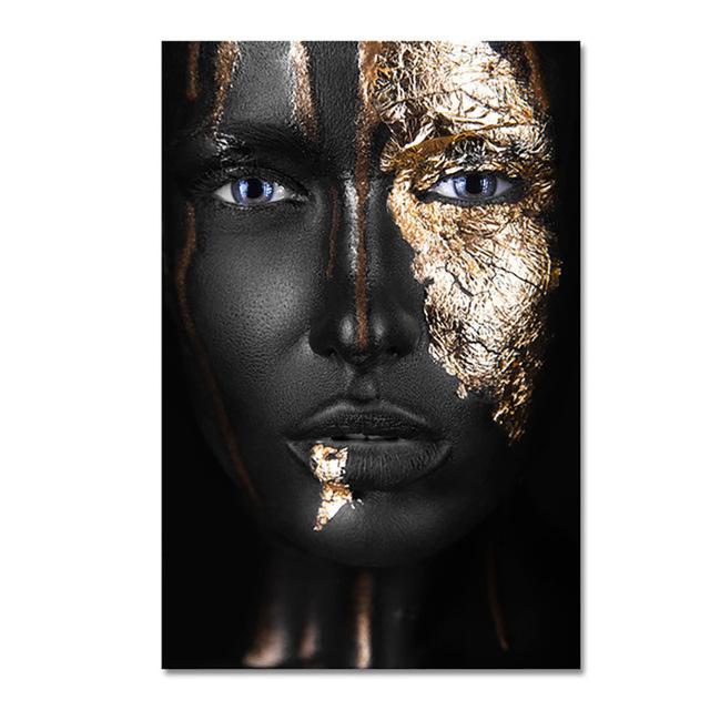 Gold and Black Female Oil Paintings, African Female Posters and Prints, Cuadro Living Room Decoration, Modern Walls