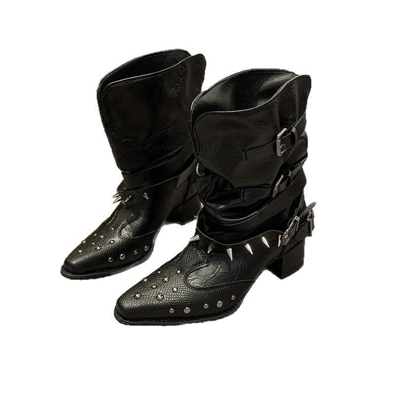 Cowhide version~ Minimalist style small square head wedge heel thin boots medium boots women's 2025 new versatile loose boots short boots