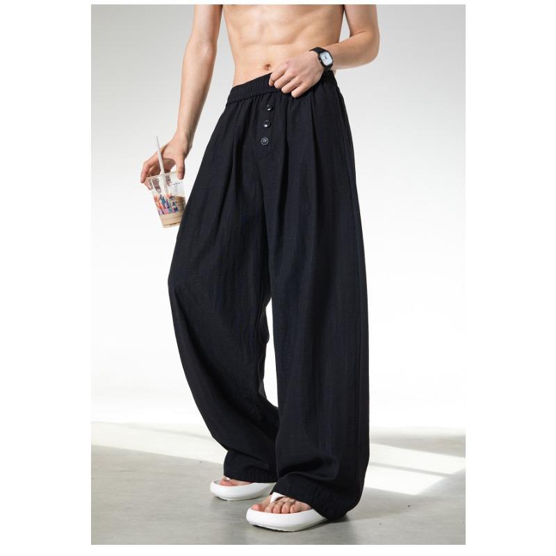 Mens Loose Straight Long Contrast Color Button Front Casual Pants