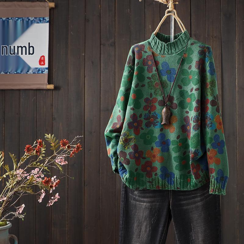 2025 Autumn/Winter Women's Retro Print Half-High Collar Knit Pullover