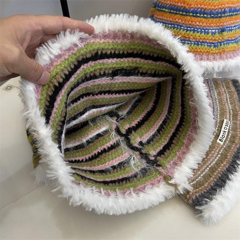 College Style Colored Stripes Contrasting Colors Knitted Bucket Hat Women Autumn and Winter Warm Ear Protection Plush Edge Basin Hat