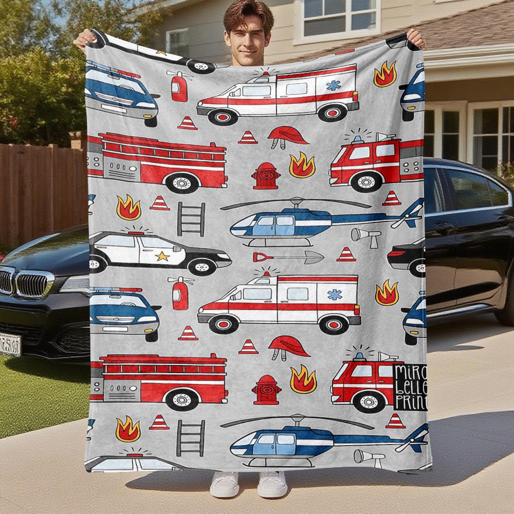1PC ambulance firetruckOutdoor Flannel Blanket - Soft Plush Decor for Picnics, camping, Bedroom, Playroom, Office, or Lunch Break 1233A