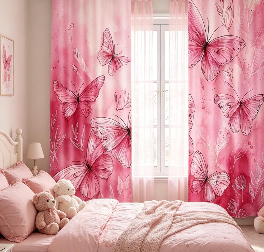 2PCS Digital Printed Curtains, Pink Branch Butterfly Pattern, Beautiful Window Drapes for Living Room Bedroom Home Decor