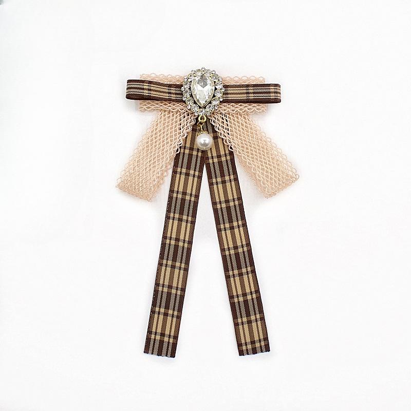 Retro Fabric Lace Brown Bow Brooches for Women Crystal Pearl Pins JK Shirt British Style Handmade Bow Tie Clothes Accessories