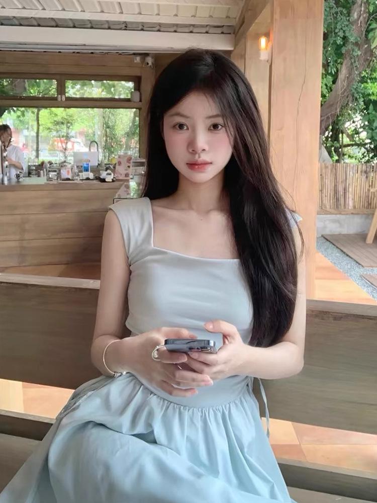 French White Square Neck Sleeveless Petite A-Line Dress - Summer Style, Waist-Cinched, Slimming M синий