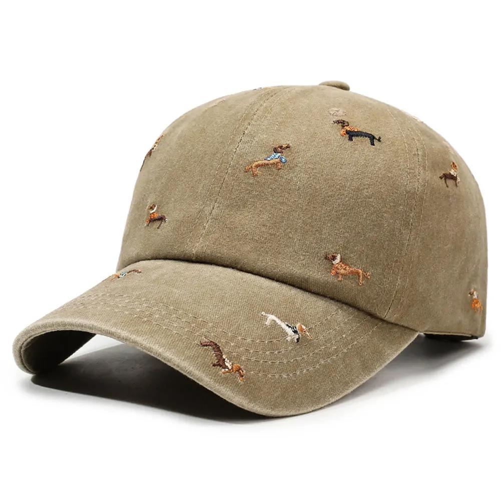 Módní baseballová čepice z prané bavlny s výšivkou štěněte Měkká poškozená vintage styl Streetwear čepice pro ženy a muže