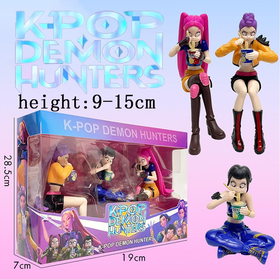 NEU 3 Stück Kpop Dämonenjäger Puppenspielzeug Rumi Mira Zoey Actionfigur Spielzeug Sitzen und Instant-Nudeln essen Mädchen Plastikspielzeug Geschenk