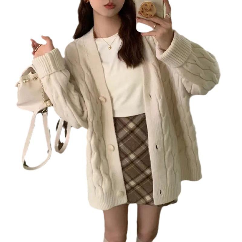 Twist Solid Color Sweater Jacket Women's Autumn and Winter New Thickened Loose V-neck Outer Wear Lazy Wind Knitted Cardigan