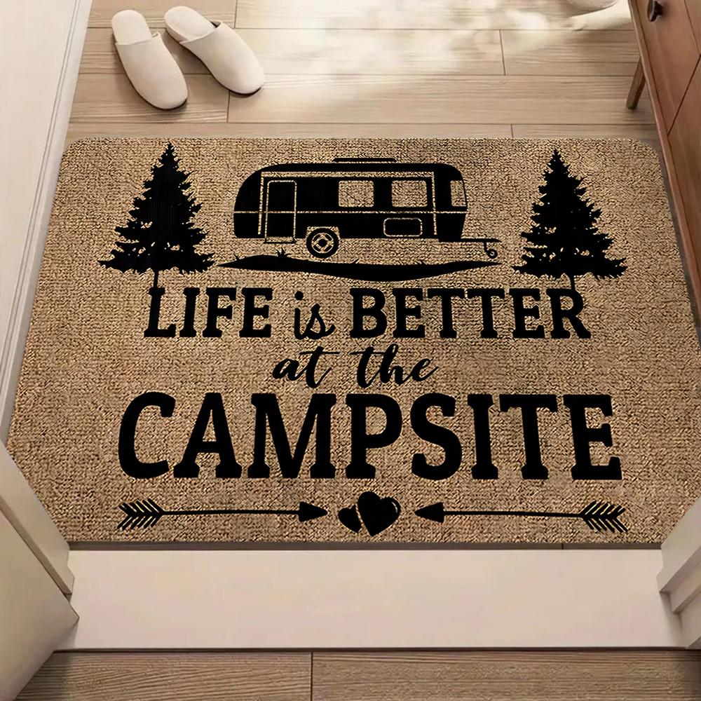 Vintage Camper Van Doormat with Stars Black Coir Rug Happy Camper Text Outdoor Adventure Decor Non-Slip Entrance Mat for Home