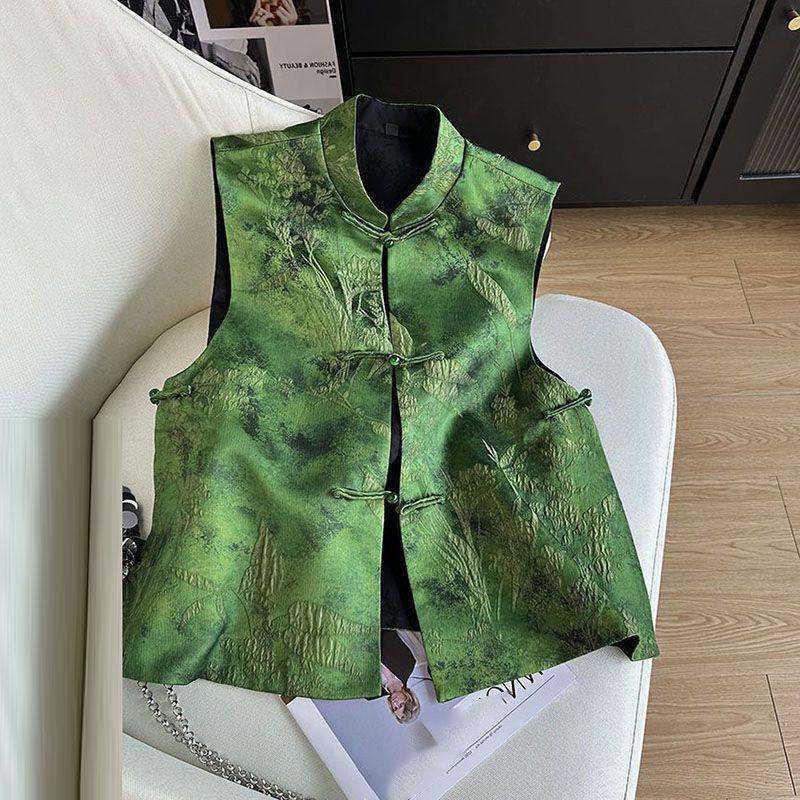 Gilet Jacquard Verde Letteratura Cinese Retrò Gilet Versatile Chic Classico Canottiera Senza Maniche Femminile Top