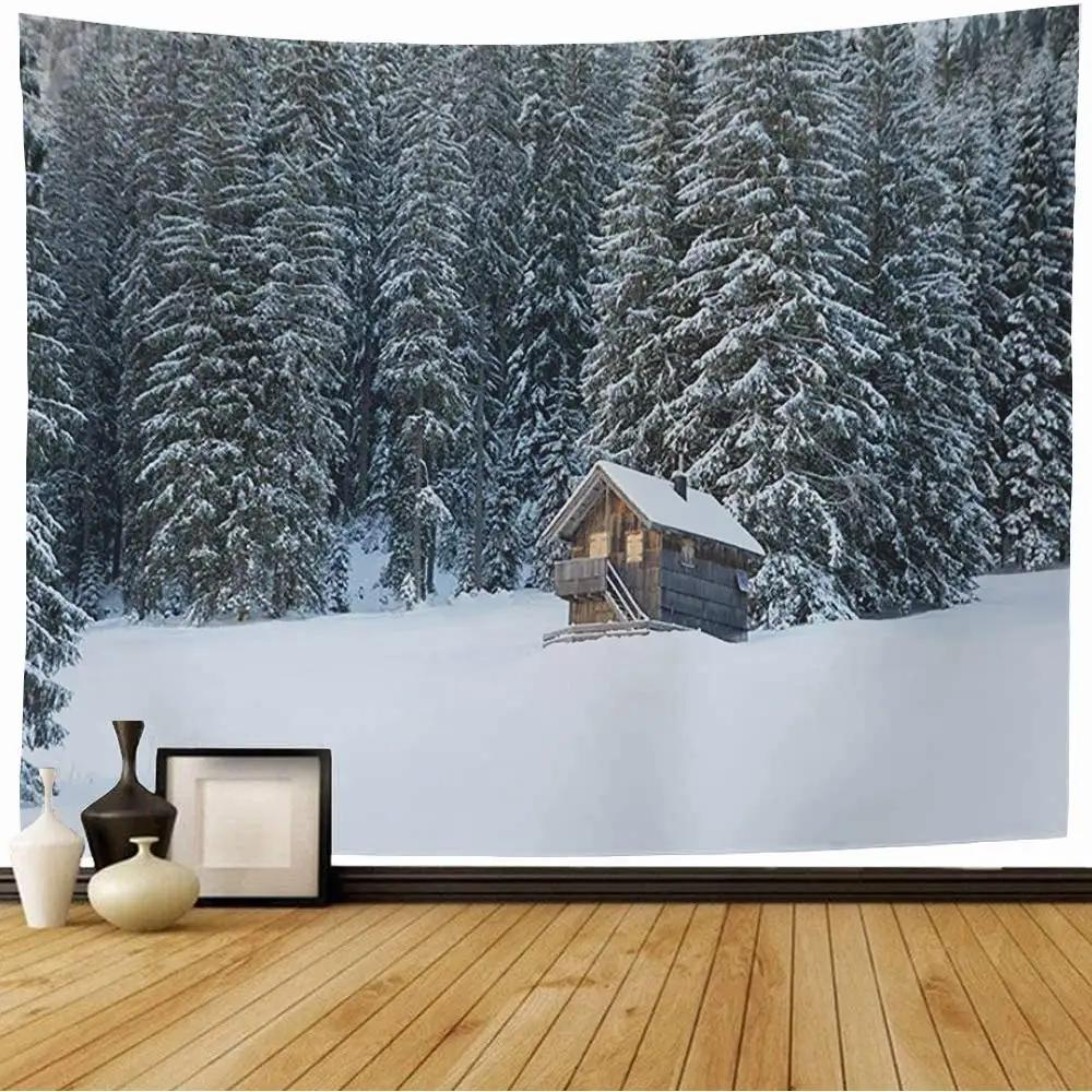 Snow House Tapestry Winter Landscape Tapestry Snowy Tree Woodland Tapestries Wall Hanging for Bedroom Living Room Dorm Office