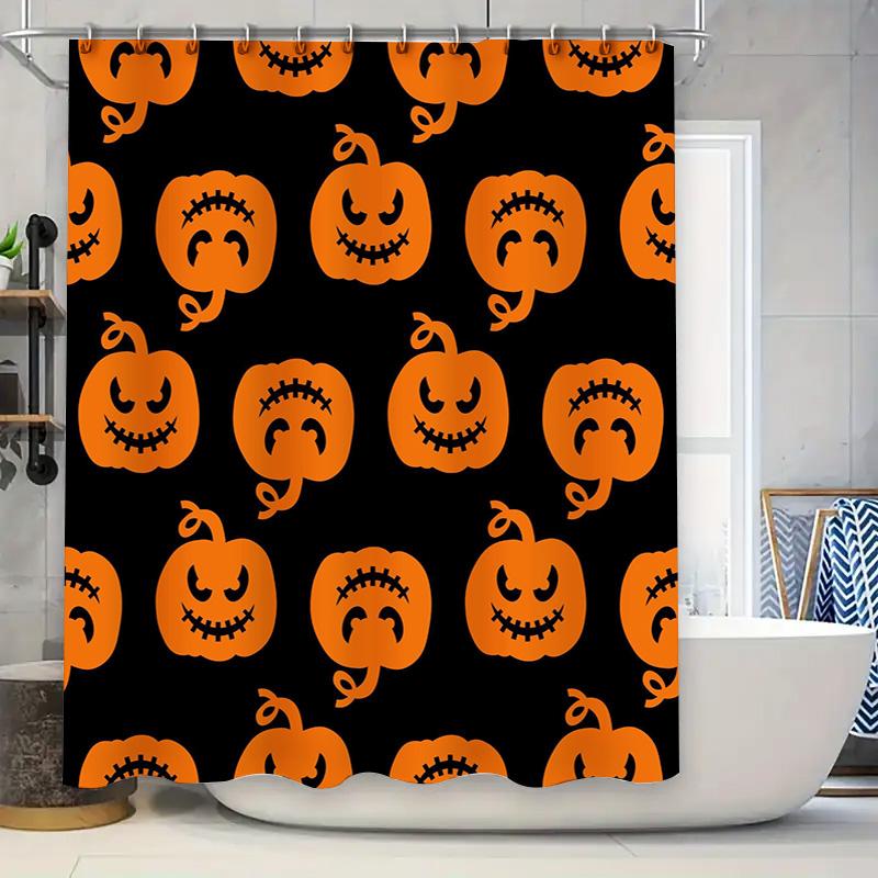 

Halloween Decorative Shower Curtain Black Orange Pumpkin Print Plastic Rod Waterproof Fabric Bathroom Decoration Supplies For Ki W60H190(CM)-1 Pcs