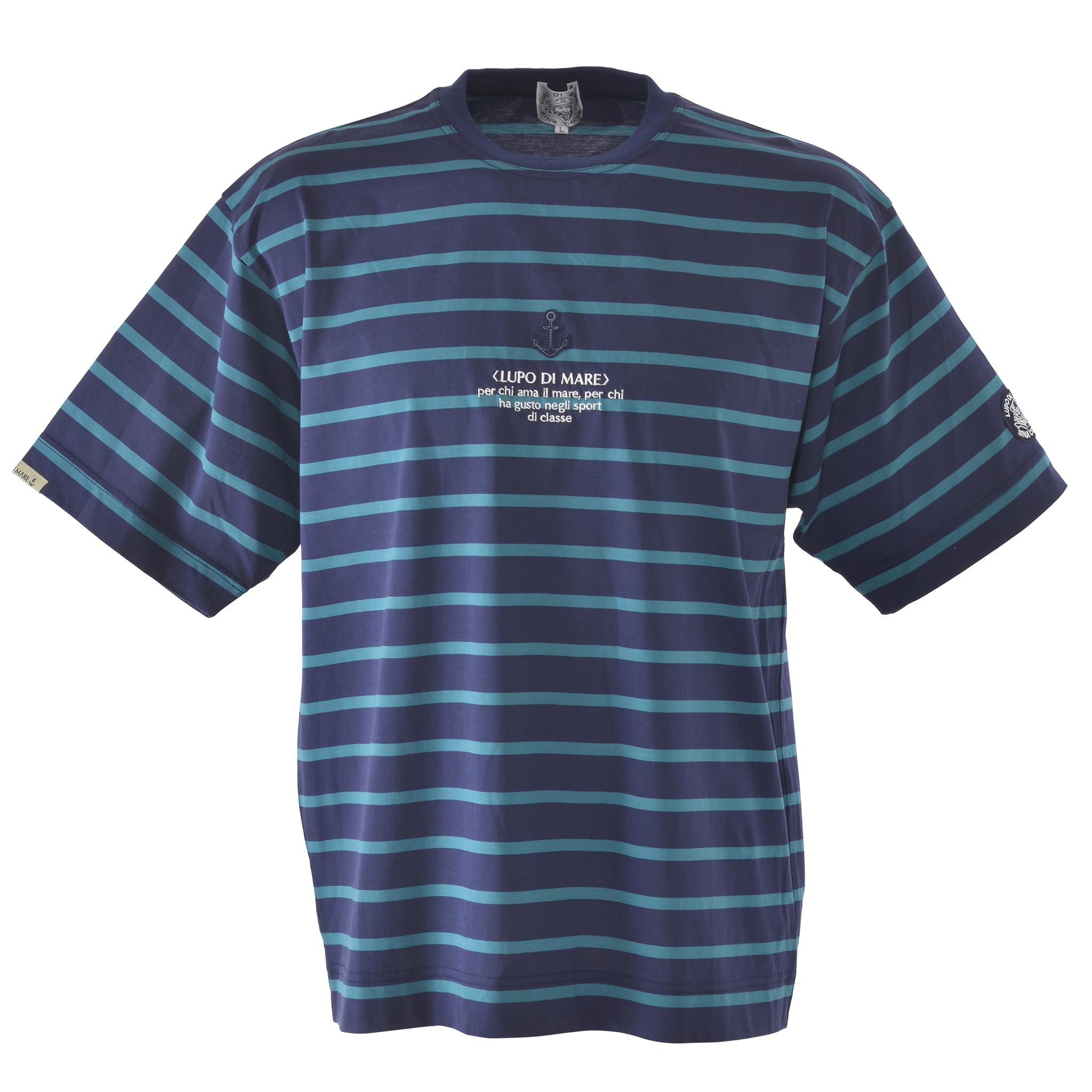

Sinacova Men s and Women s Loose Fit Short Sleeve T-Shirt, 100% Cotton, Striped, Drop Shoulder, Anchor Design, 24110600 (Navy), Size L