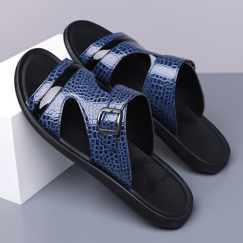 Men Black Leather Slippers Simple Flats Summer White Outdoor Roman Sandals Blue Green Open Toe Beach Shoes Plus Size