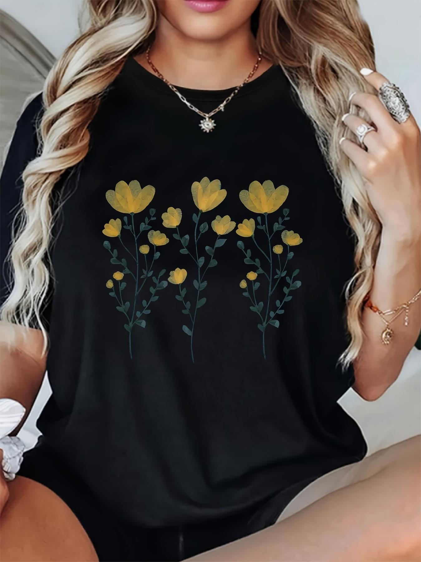 

Flowers Printed Women s Oversized Soft and Comfortable T-shirt, Round Neck Short Sleeved, Machine Washable, 4XL чорний
