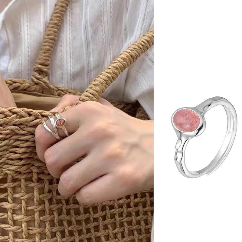 Pink Stylish Geometric Strawberry Crystal Ring For Women Elegant Adjustable Statement Jewelry