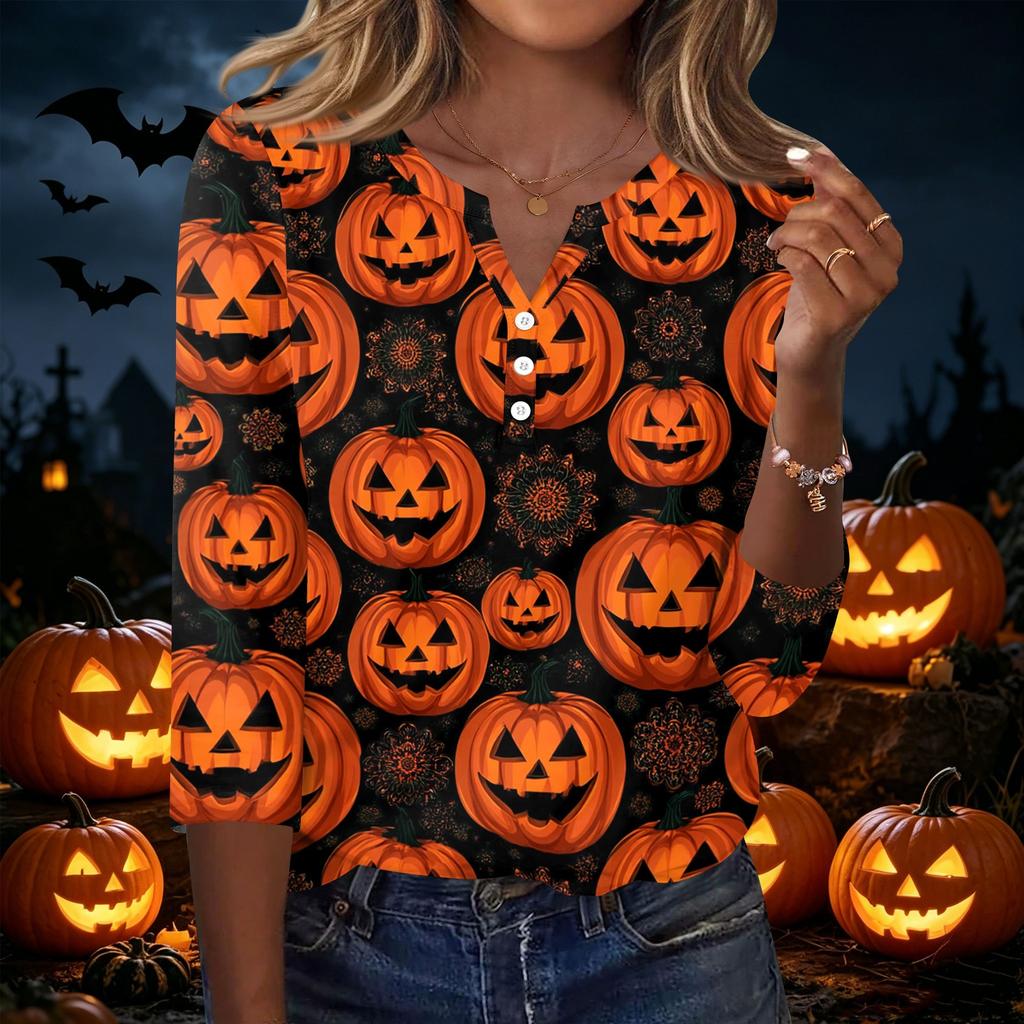 Women's Casual Halloween Print V Neck Button Front Three Quarter Sleeve T Shirt Top Lightweight Soft Fabric Comfortable Fit