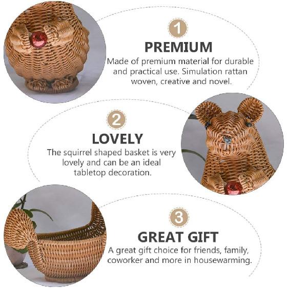 EXCEART Squirrel Shape Woven Storage Basket with Lid - Handwoven Rattan Storage Basket Organizer Squirrel Shape Woven Wicker Food Fruit Vegetable