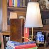 Classic Literary Lamp - Vintage Antique Brass Shelf Lamp With Fabric Shade - Elegant Decorative Table Lamp For Bookshelf Home Display - Scholarly