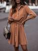 Autumn/Winter Solid Color Waist-Tie Button Roll-Up Sleeve Dress