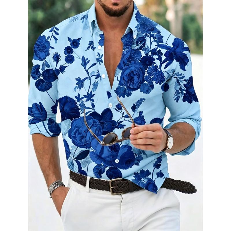 Men's floral shirt long sleeved sports fashion outdoor casual daily autumn and winter flat printed button down collar shirt