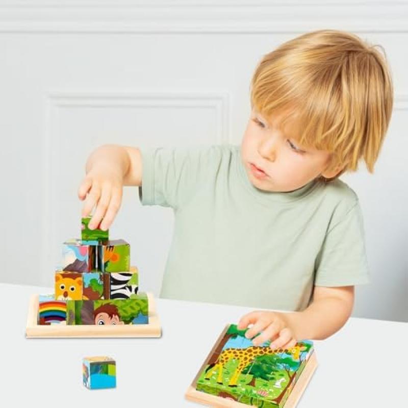 Wooden Puzzle Blocks for Kids, 6 In 1 Animal Pattern, Montessori Educational Toys for Toddlers Ages 2 3 4 Years Old Boys Girls