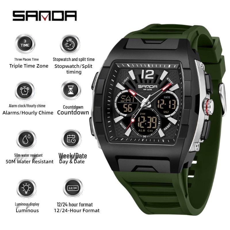 Sanda Men's Sports Barrel-Shaped Luminous Countdown Watch with Triple Time Zone and Dual Display, Waterproof Design.