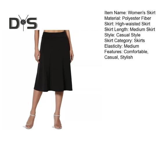 Women's Knee Length Skirt Summer Casual High Waisted Flared A-Line Skirt Stretchy Simple Foldover Midi Skirt