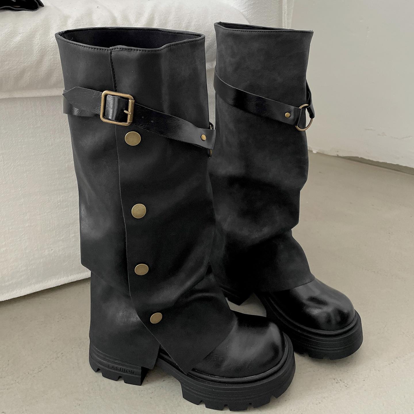 

Black British style thick-soled heightening boots women s boots 2025 new autumn thin retro trouser knight boots 40 чёрный