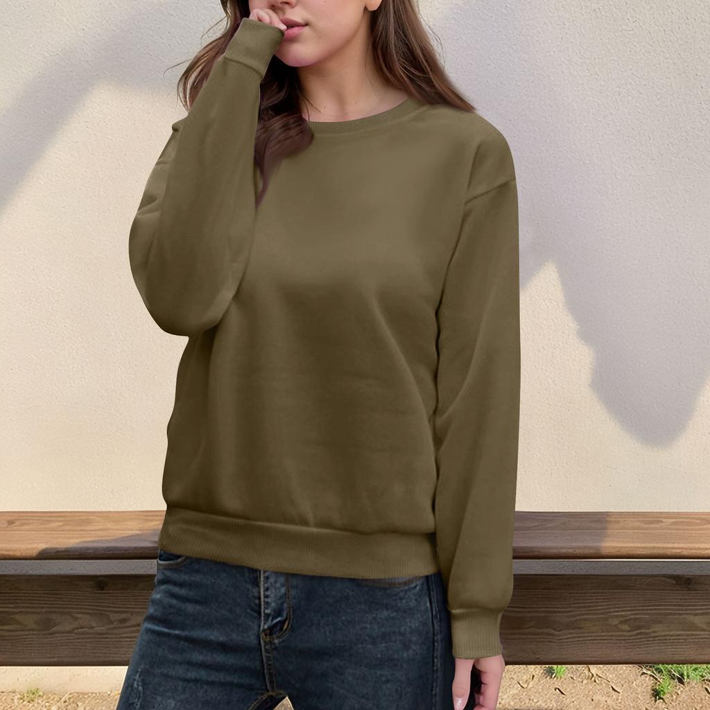 Damen Casual Fashion Top Einfarbig Rundhals Langarm Pullover Top