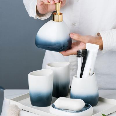 Juego completo de accesorios de baño de cerámica gris gradual avanzado de 6 piezas, taza para cepillos de dientes de baño, botella para loción, vaso para enjuague bucal, jabonera, juego de bandeja. Regalo.