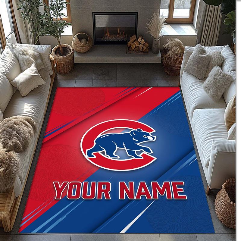 Chicago Cubs Crystal Velvet Rug, Custom Name Text Personalized Non‑Slip Floor Mat for Home Decor Gift