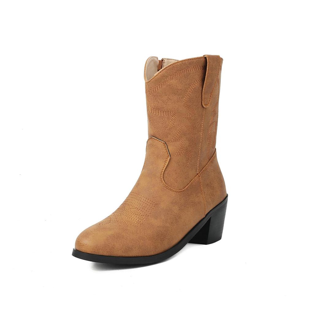 Cowboy Winter Boots for Women Ankle Boots Wide Calf Leather Heels Shoes 2025