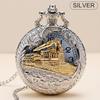 Vintage Steam Train Antique Chain Quartz Pocket Watch Round Skeleton Case Roman Numerals Locomotive Pendant
