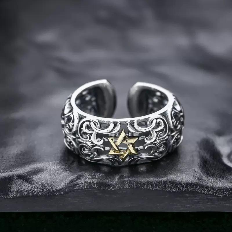 Men s Retro Hexagram Ring: Thai Silver Vine Flower Open Design for Index Finger Adjustable Open