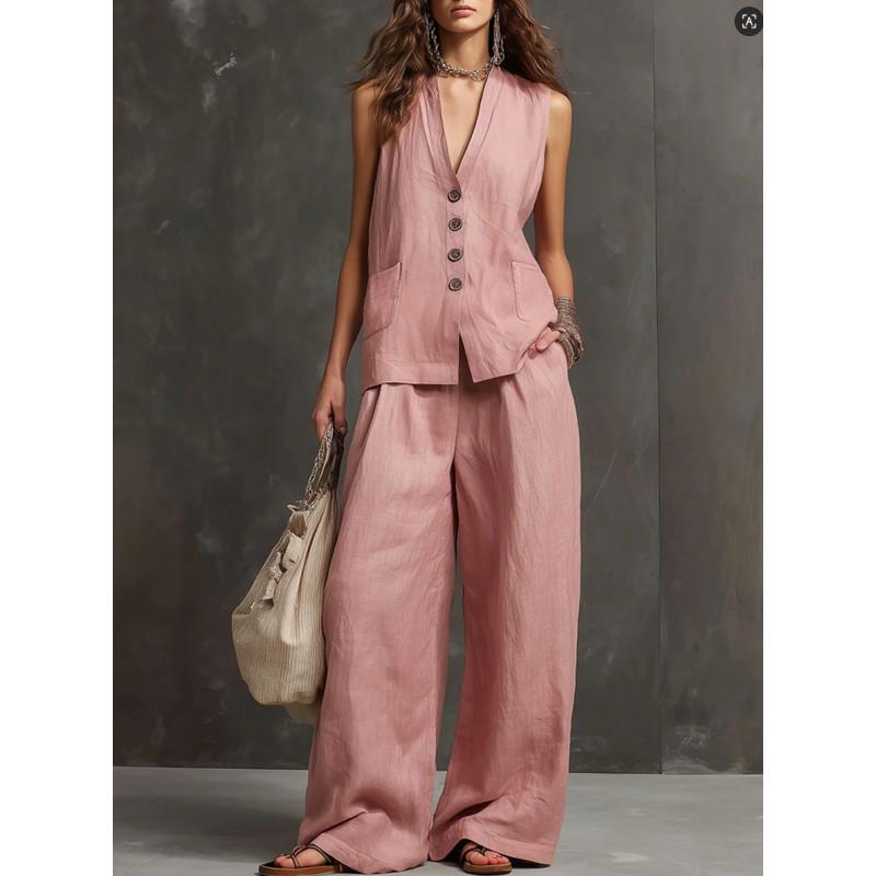 2026 Womens Linen Blend Sleeveless Vest Wide Leg Pants Set Casual Outfit In Solid Colors