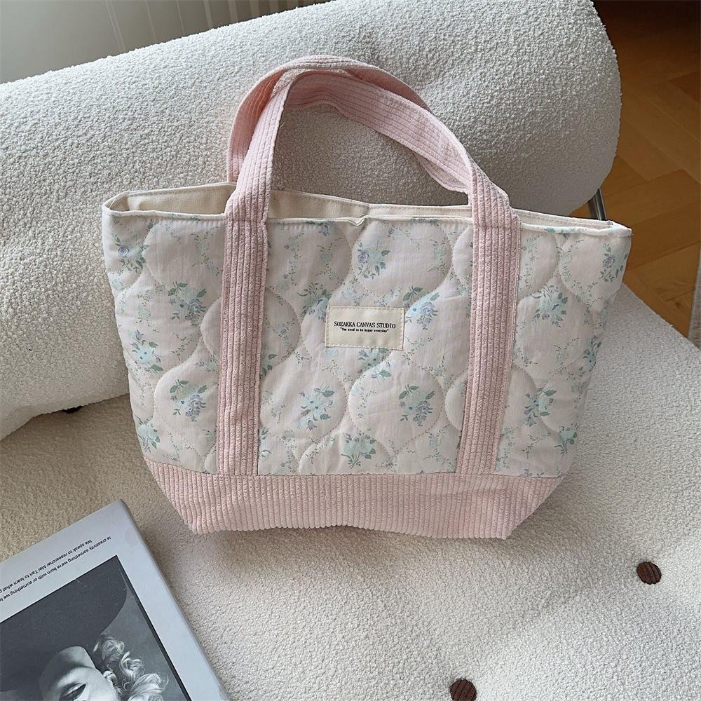 Vintage Flower Pattern Quilted Tote Bag Soft Cotton Commuter Organizer Bag For Daily Use