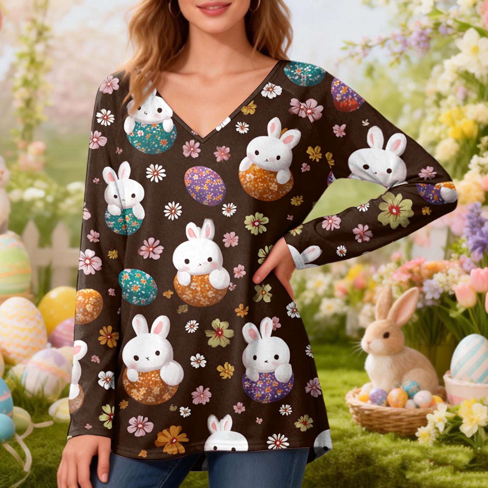 Women s Fashionable Casual Long-Sleeved Easter Print V-Neck Mid-Length Top M