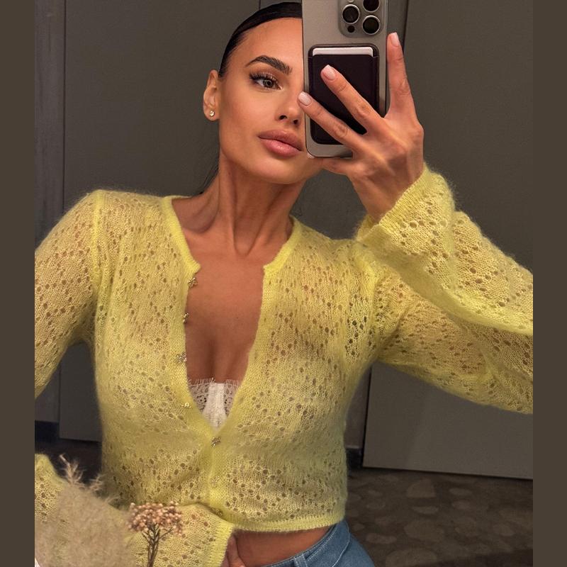 Hollow Knit Cardigan Long Sleeved Short Thin Sweater Women's Slim Top Casual Elegant Commuting Versatile Cardigan Spring Summer