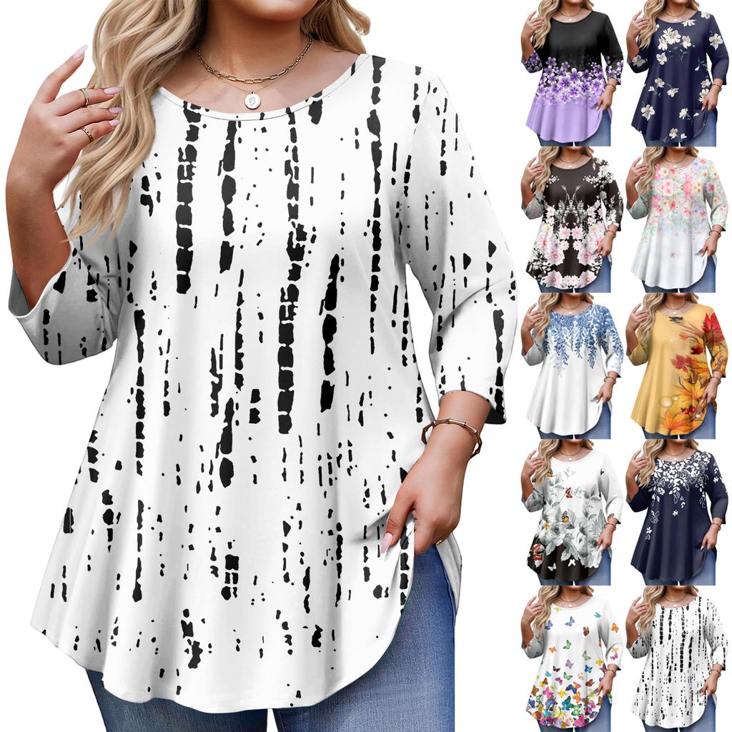 Top Moda da Donna Stampa Floreale Taglie Forti Manica 3/4 Orlo Arrotondato Girocollo