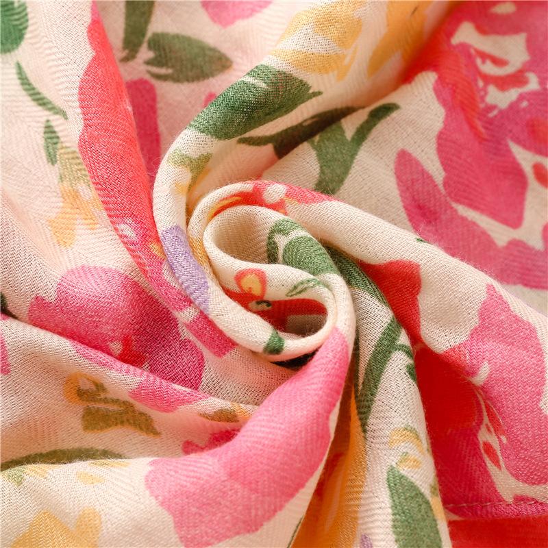 Early Spring Bright Color Tropical Plant Flower Print Cotton Linen Hand Touched Character Patterned Beach Towel Long Hanging Tassel Shawl For Women