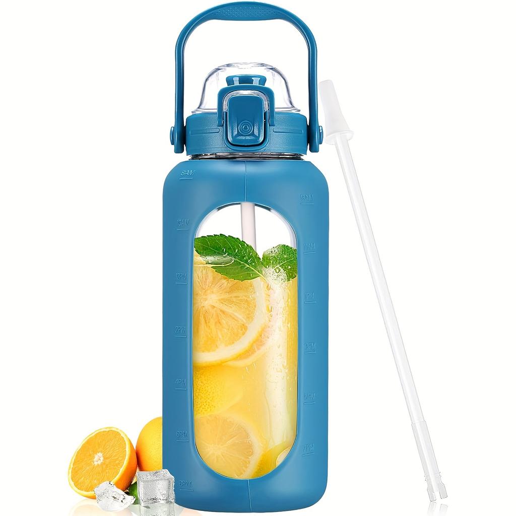 64oz Skleněné láhve na vodu se slámkou a víčkem Půlgalonová láhev na vodu s časovým značením Nepropustné skleněné láhve na vodu se silikonovým pouzdrem