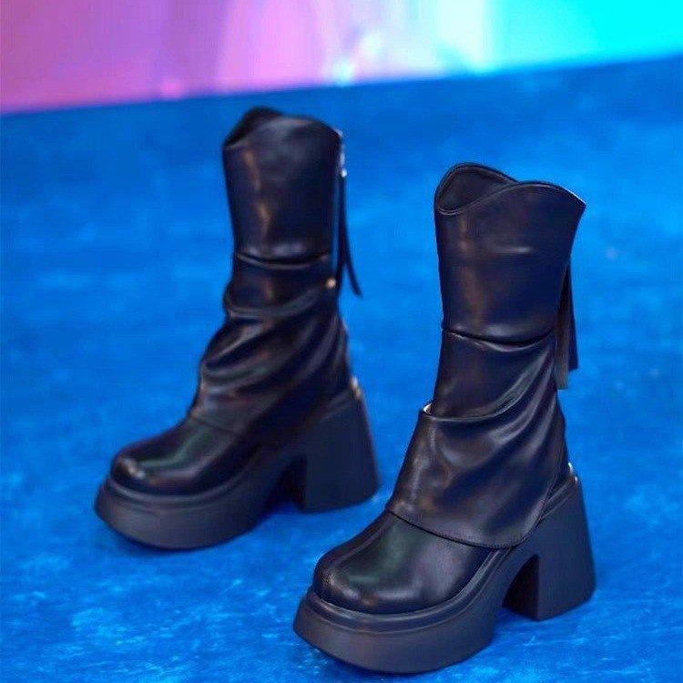 Small Thick-soled Heightening Short Tube Thin Boots Women's New Waterproof Table Thick-heeled Splicing Martin Boots In Autumn and Winter 2025