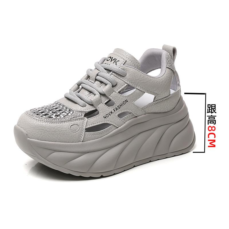 

2025 summer new leather thick sole heightened 8CM hollow woven little white shoes versatile muffin shoes women s shoes single shoes 40