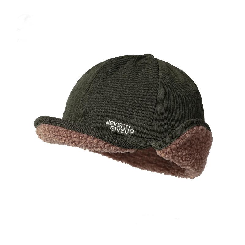 Retro Corduroy Lamb Wool Thickened Warm Ear Protection Women Winter Cute Wool Hat Men