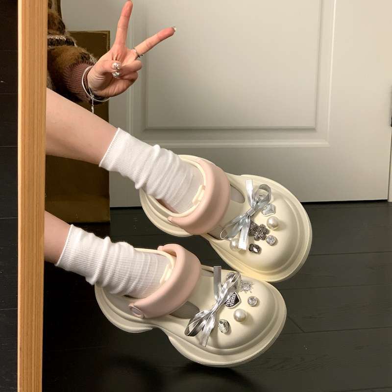 Sweet Bow Platform Hole Shoes Women's Spring and Summer 2025 New Outer Wear Heightening Rhinestone Bag Head Half Slippers