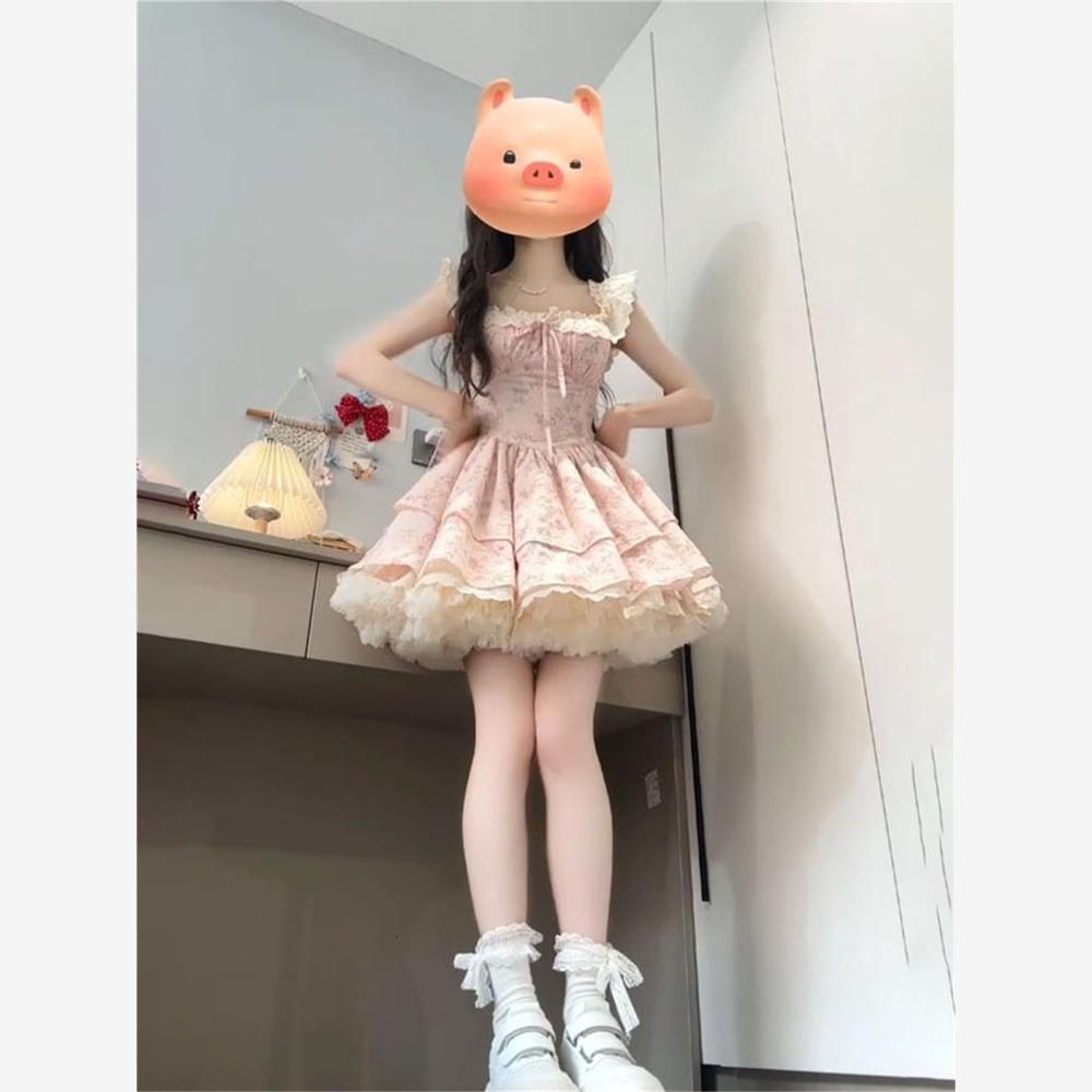 Sweet Spice Girl Blue Floral Dress Female Small Summer Beautiful Fluffy Short Dress Flying Sleeves Princess Cake Dress