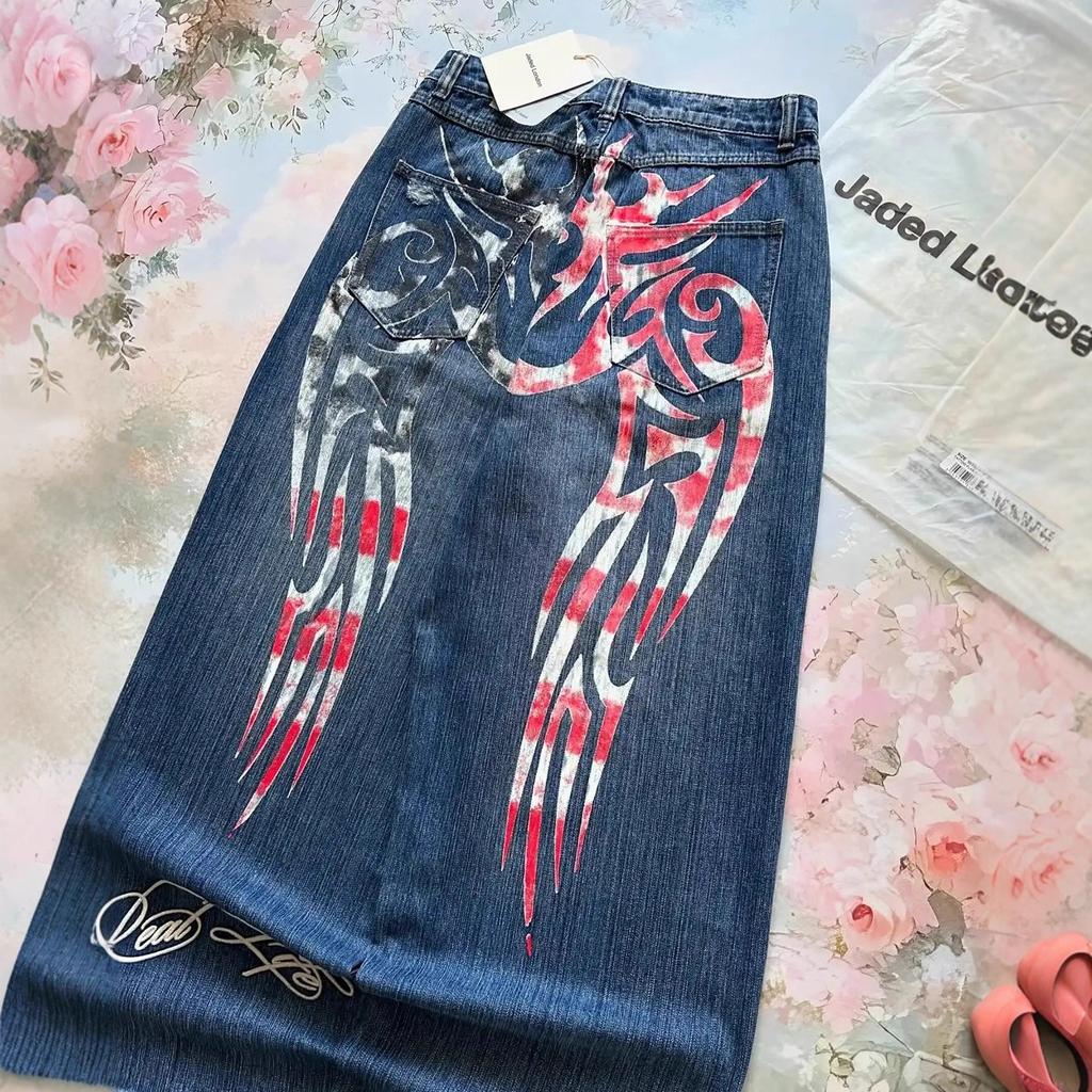 European and American new hip-hop pattern printed loose jeans women's y2k high street retro Harajuku trousers