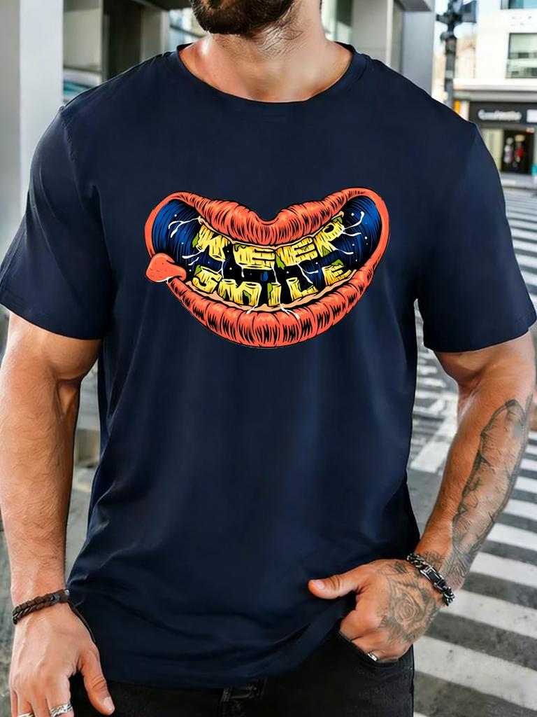 Vintage Unisexs Soft Cotton Tee Colorful Big Mouth Keep Smile Letter Print Urban Crew Neck Short Sleeve T Shirt For Guys